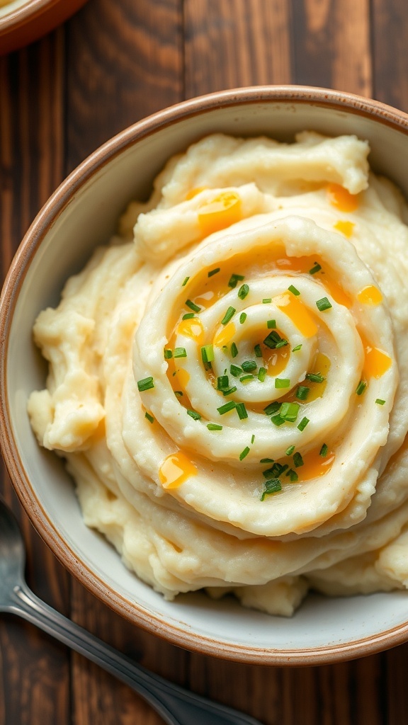 Creamy three cheese mashed potatoes topped with chives in a bowl on a wooden table.